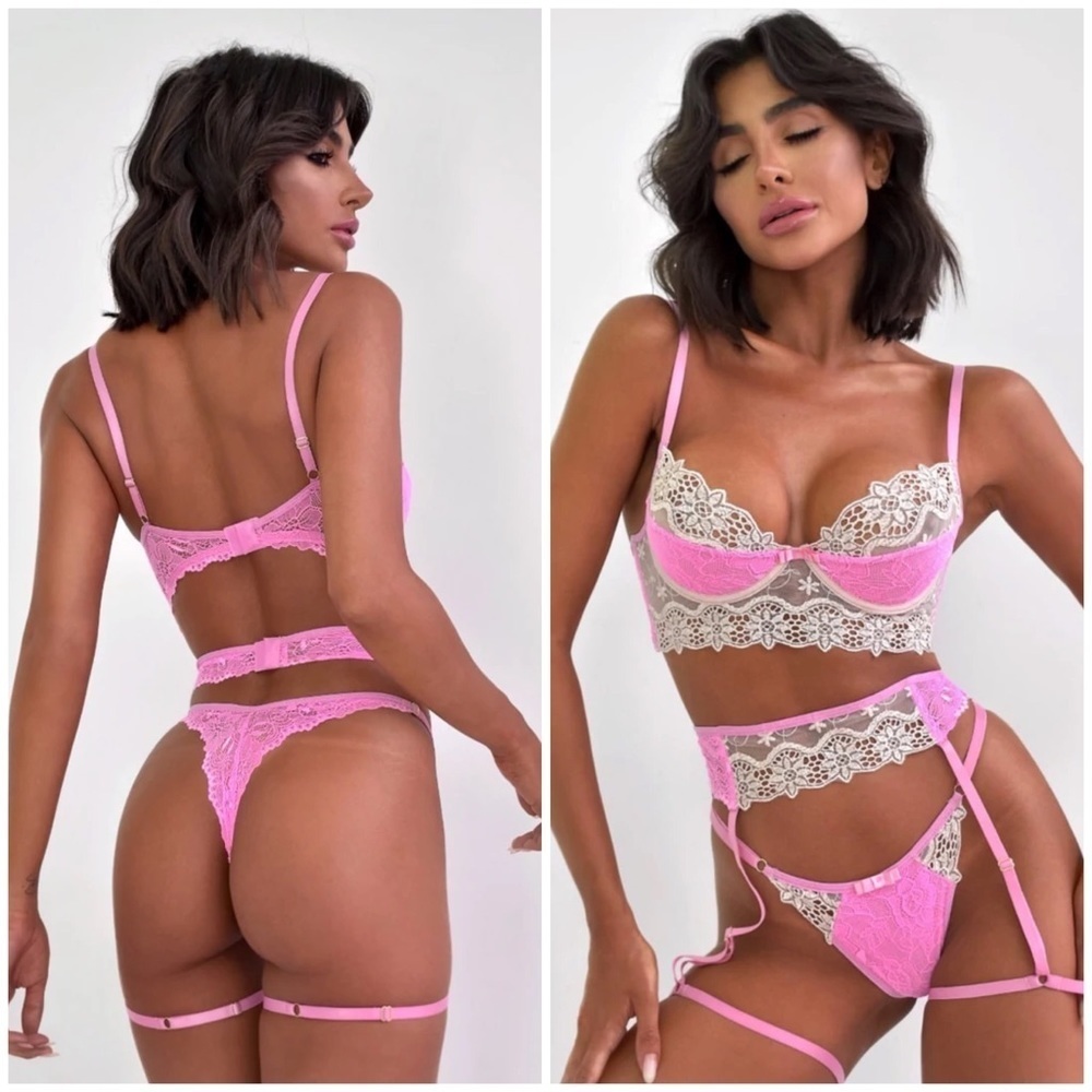 Paris crochet embroidered lingerie set with garter belt - Picture 5 of 10
